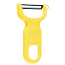 A bright yellow, U-shaped vegetable peeler with a black horizontal carbon steel blade and an ergonomic handle.