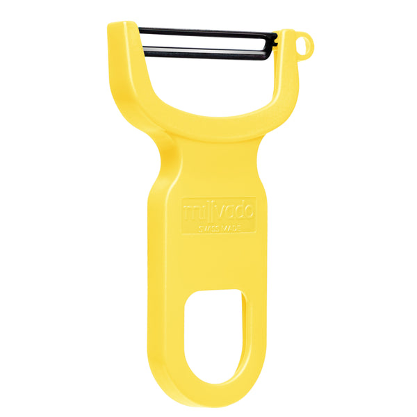 A Swiss-made yellow Y-shaped peeler with a precision stainless steel blade and ergonomic handle for effortless peeling.