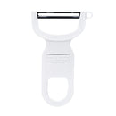 A white, U-shaped vegetable peeler with a black horizontal carbon steel blade and an ergonomic handle.