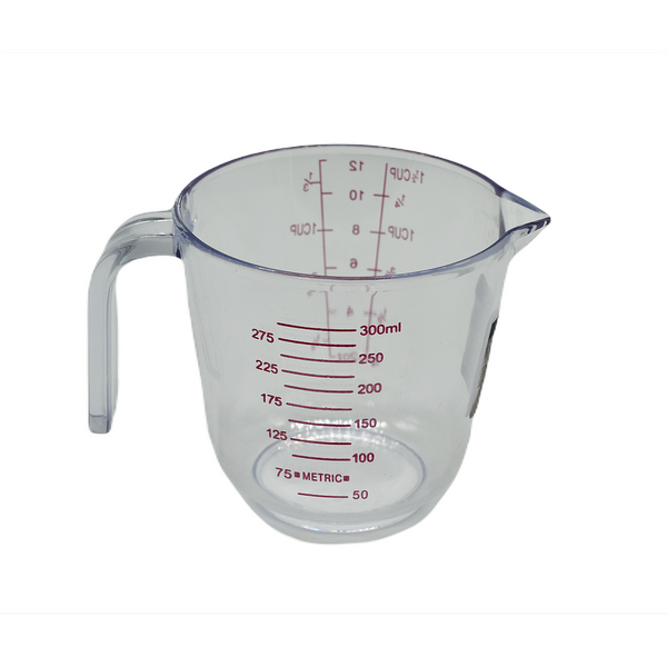 A clear Artika 1-cup plastic measuring cup with a sturdy handle, an easy-pour spout, and red measurement markings in ounces, cups, and milliliters.