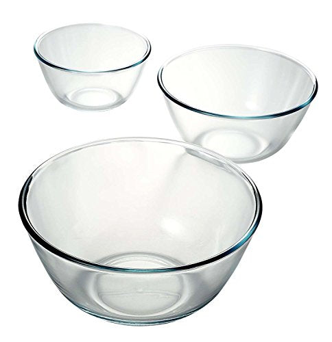 A Simex 3-piece clear glass mixing bowl set, featuring three different sizes of durable, stackable bowls for baking, serving, and food prep.