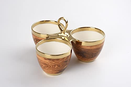 A detailed image showcasing the dimensions of the Pampa Bay 3-part server, measuring 8.8 x 5.5 inches, with gold trim and a central handle for easy carrying.