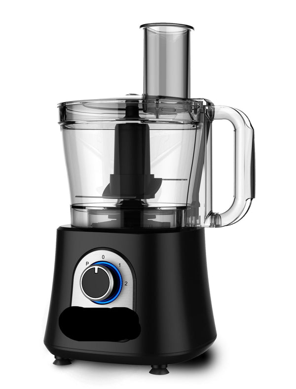 A modern black food processor with a clear bowl, slice and grating attachment, and a control knob on a sturdy base.