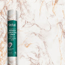A roll of peel-and-stick vinyl counter liner featuring a white background with gold and beige marble veining. The label indicates it is a residue-free, durable vinyl product.