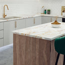 A roll of peel-and-stick vinyl counter liner featuring a white background with gold and beige marble veining. The label indicates it is a residue-free, durable vinyl product.