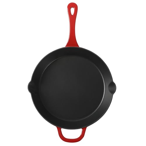 Top-down view of black interior 12-inch cast iron skillet with red handle