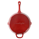 Underside of Crock Pot cast iron skillet showing red enameled base