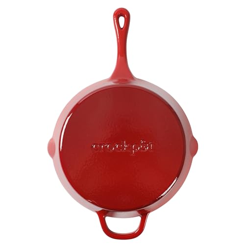 Underside of Crock Pot cast iron skillet showing red enameled base