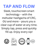 A promotional image for "Tap and Flow," a touchscreen water dispenser featuring certification logos and a description of its functionality.
