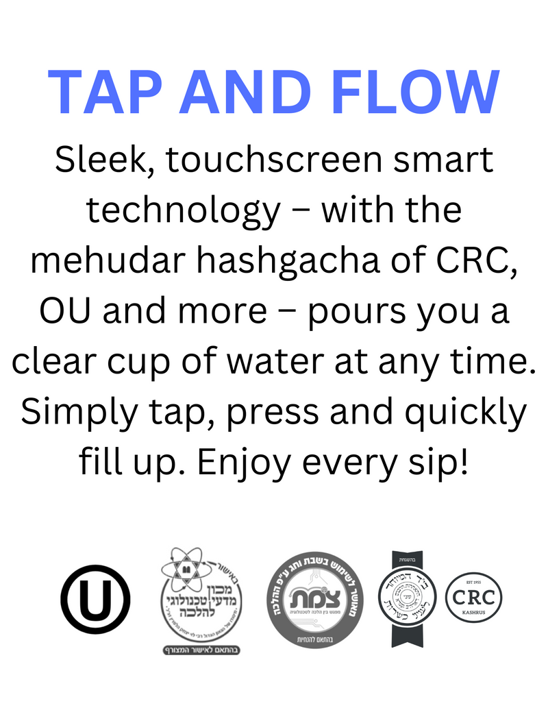 A promotional image for "Tap and Flow," a touchscreen water dispenser featuring certification logos and a description of its functionality.