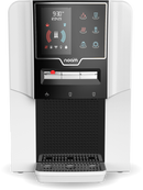 Modern water dispenser with a digital control panel, featuring buttons for hot and cold water, and a sleek white design.