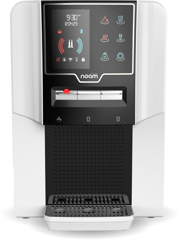 Modern water dispenser with a digital control panel, featuring buttons for hot and cold water, and a sleek white design.