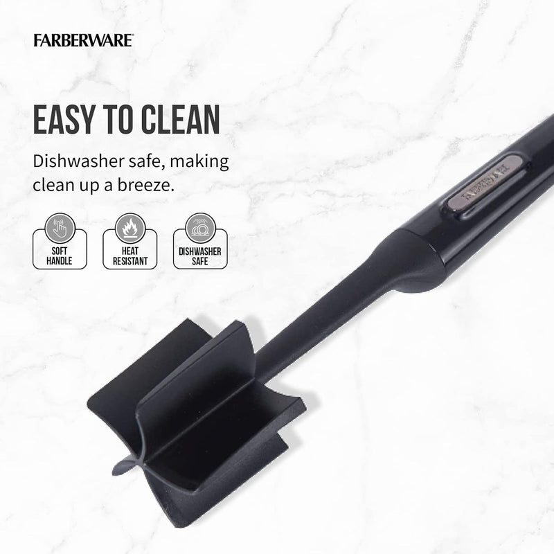 Side angle of the masher highlighting its dishwasher-safe label and easy-to-clean design.