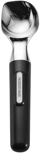 A shiny silver cast-zinc ice cream scoop with a black ergonomic handle.