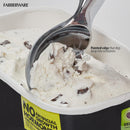 A shiny silver cast-zinc ice cream scoop with a black ergonomic handle.