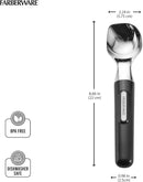 A shiny silver cast-zinc ice cream scoop with a black ergonomic handle.
