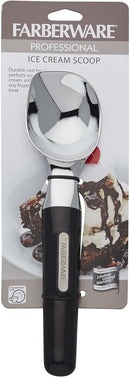 A shiny silver cast-zinc ice cream scoop with a black ergonomic handle.