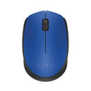 Blue wireless 3-button optical mouse with scroll wheel