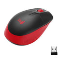 Logitech red wireless 3-button optical mouse with nano USB receiver.