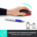 Logitech red wireless 3-button optical mouse with nano USB receiver.