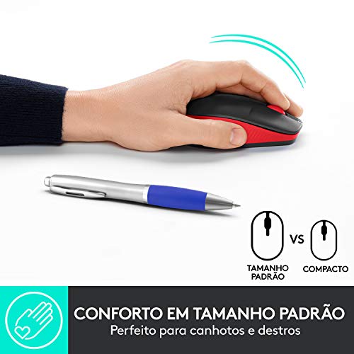 Hand using the wireless mouse with size comparison to a pen