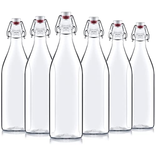 Bormioli Rocco Giara Swing Top Bottles 33 ¾ Ounce/1 Liter (6 Pack) ROUND Clear Glass Grolsch Flip Top Bottle With Stopper