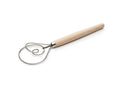 Stainless steel Danish dough whisk with wooden handle, displayed on a white background.