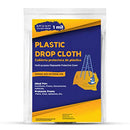 Plastic drop cloth package with blue and yellow label showing 9 x 12 feet coverage