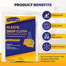 Infographic listing waterproof, dust-proof, tear-resistant, and multi-purpose features of plastic drop cloth