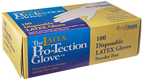 Box of 100 disposable latex gloves labeled Pro-Tection Glove powder-free