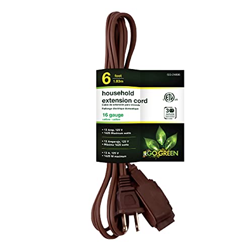 Brown 6ft Go Green Power indoor extension cord neatly packaged with 3-prong outlets