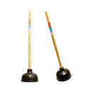 Two black toilet plungers with wooden handles shown upright and angled