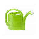 Bright green plastic watering can with top-fill opening and long spout featuring a white detachable rose head