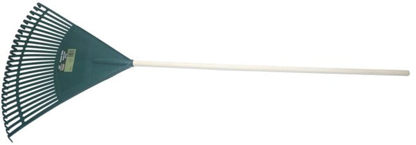 Wide view of a 22-inch poly garden rake with a long wooden handle