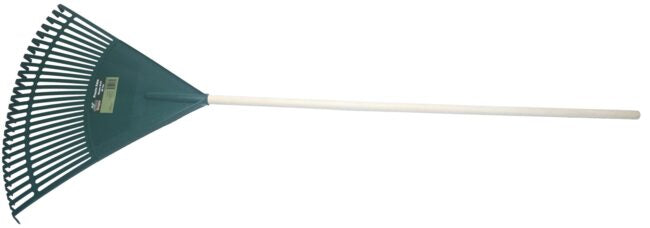 Wide view of a 22-inch poly garden rake with a long wooden handle