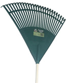 Close-up of the durable green poly rake head with spaced tines and product label