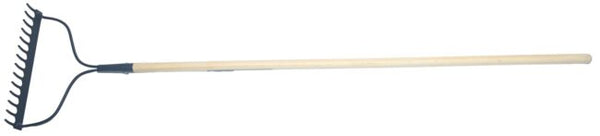 Full view of a 54-inch bow rake with wooden handle and 14-tine steel head