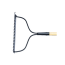 Close-up of a metal bow rake head with curved support bars and wooden handle