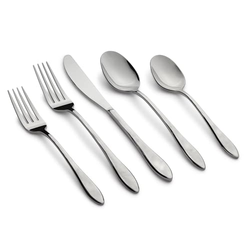 Five-piece place setting of silver textured mirror-finish flatware including fork, knife, and spoons