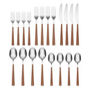 Full 20-piece flatware set featuring stainless steel heads and tapered beachwood-style handles arranged by utensil type