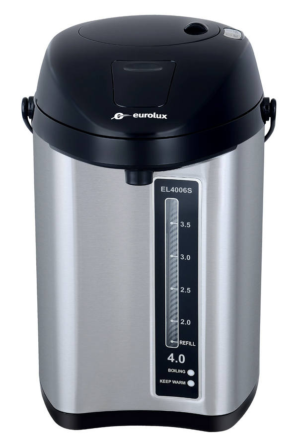 Front view of Le Chef 4.0 Quart stainless steel hot water pot with black lid