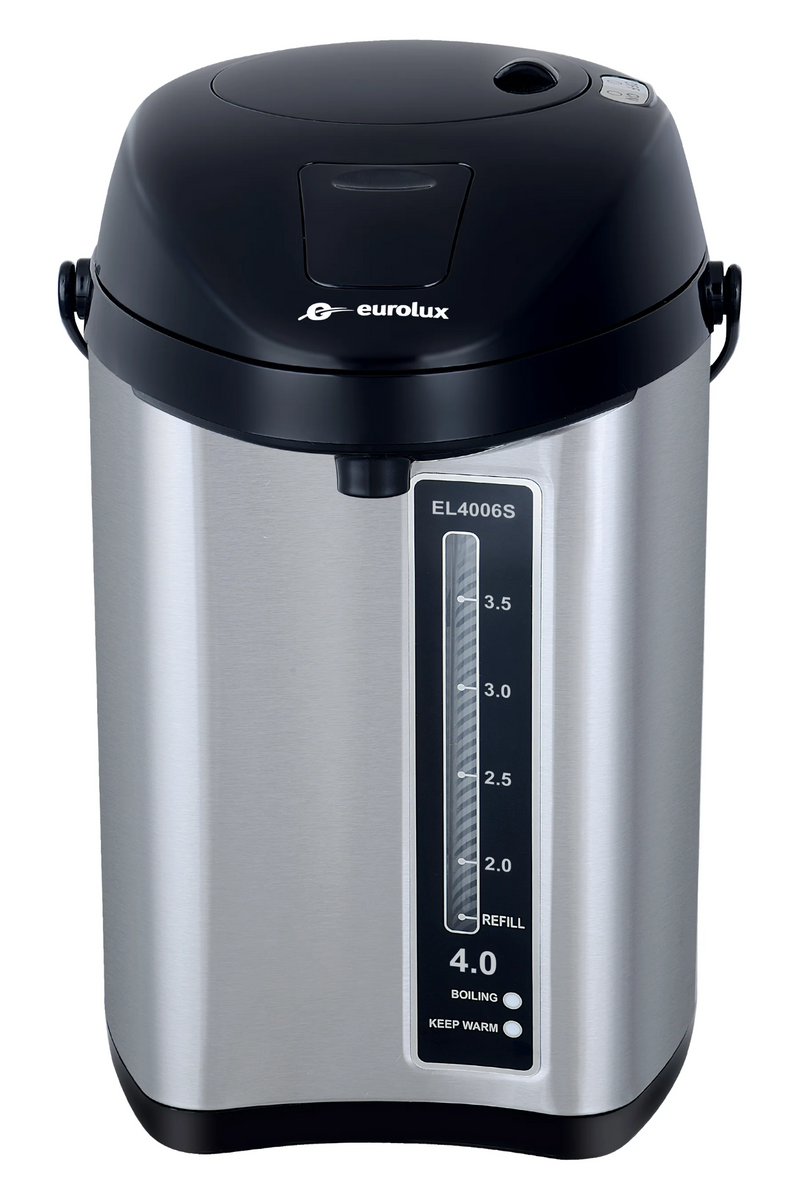 Front view of Le Chef 4.0 Quart stainless steel hot water pot with black lid