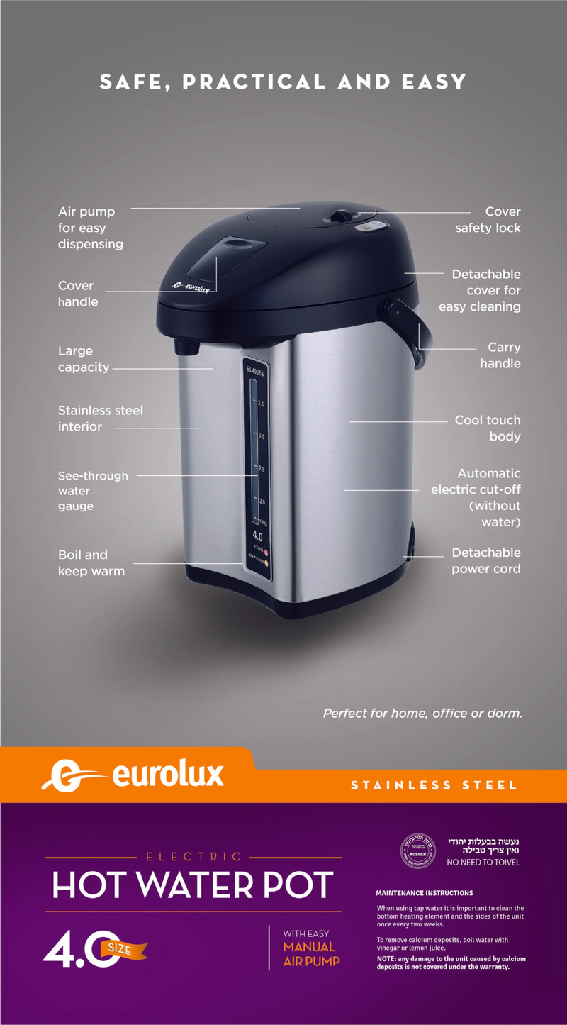 Feature diagram of Le Chef hot water pot with labeled parts and maintenance instructions
