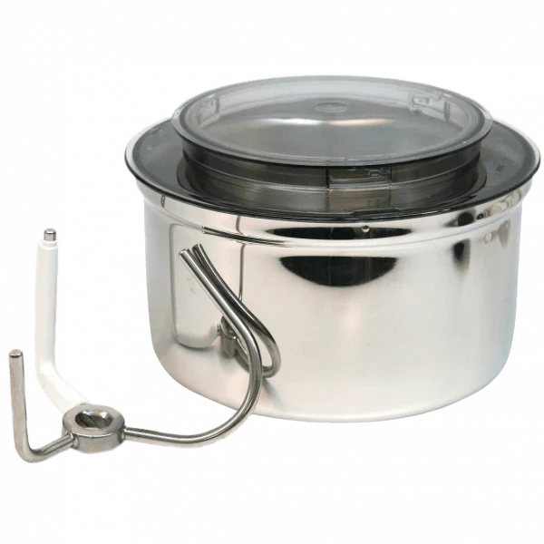 Stainless steel mixing bowl with transparent lid and detached dough hook