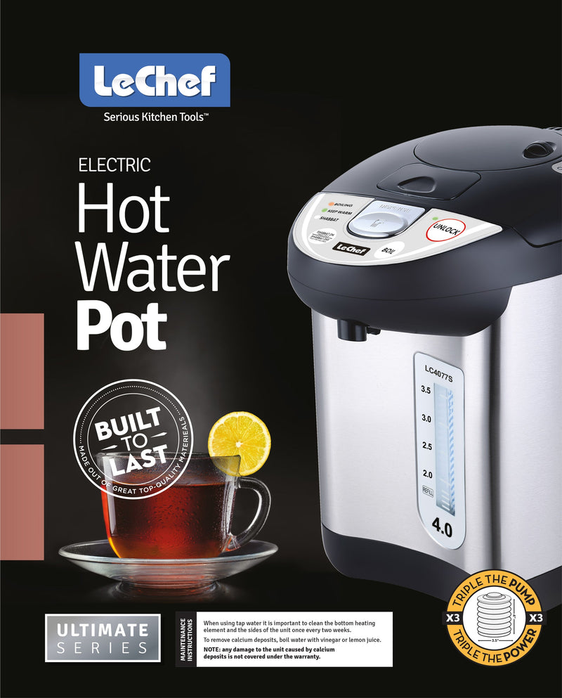 Le Chef hot water pot promotional image with tea cup