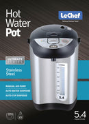 5.4-quart stainless steel electric hot water pot with manual pump, auto dispense, cup touch, re-boil, and safety lock.