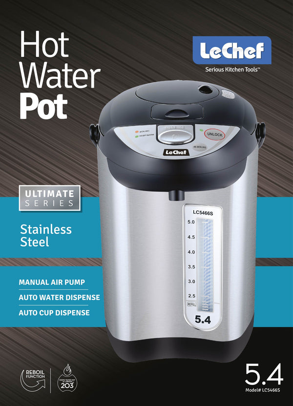 Retail box of Le Chef 5.4 qt stainless steel hot water pot with auto and manual dispensing