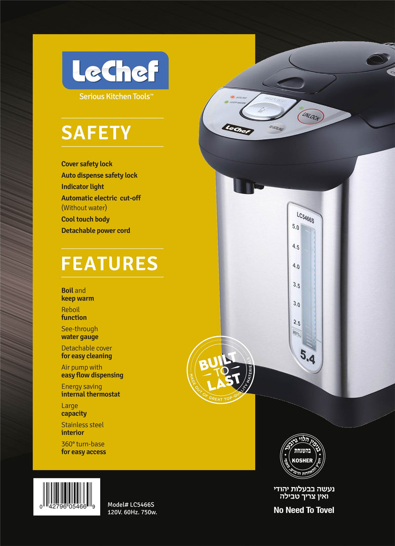 Back of Le Chef hot water urn box showing safety instructions and product features