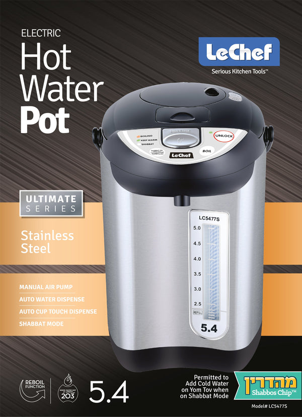 Front of Le Chef 5.4 qt hot water urn box with Shabbos chip label