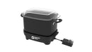 A large, black, rectangular slow cooker with a clear, flat glass lid, cool-touch handles, and a detachable control unit.